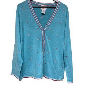 Quacker Factory Women's Cardigan Sweater Silk Blend Floral Preppy Pastel Blue XL
